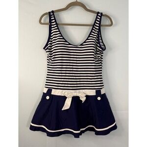 Shore Shapes Swimdress Womens 14 Navy White Striped Nautical Sailor Bow